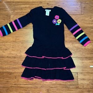 Jillian’s closet girls navy sweater dress with rainbow stripes and ruffles! 3-4